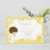 Brunette Boy First Communion Damask Kaart (Staand voorkant)