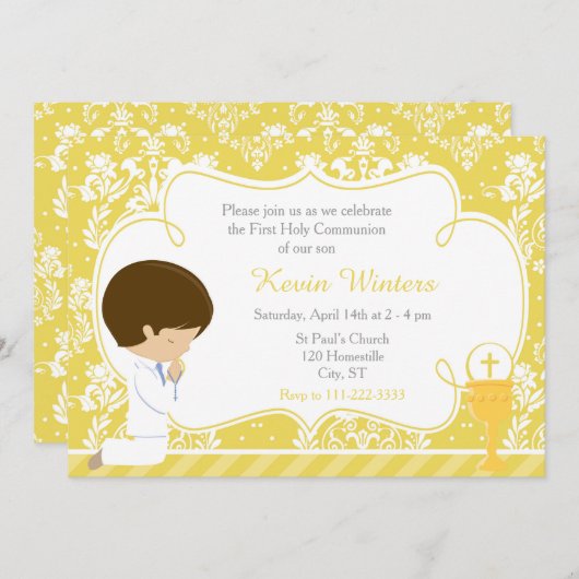 Brunette Boy First Communion Damask Kaart (Voorkant / Achterkant)