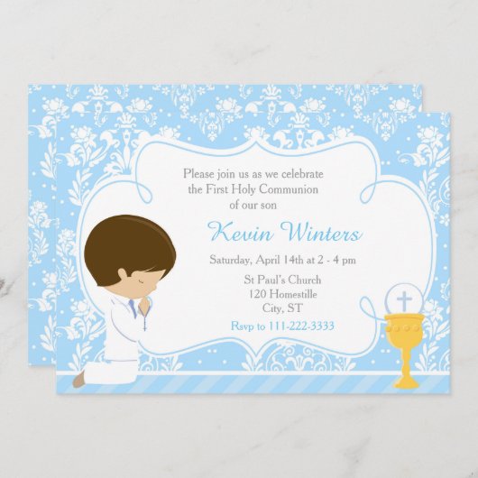 Brunette Boy First Communion Damask Kaart (Voorkant / Achterkant)