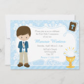 Brunette Boy First Communion Damask Kaart (Voorkant)