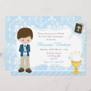 Brunette Boy First Communion Damask Kaart