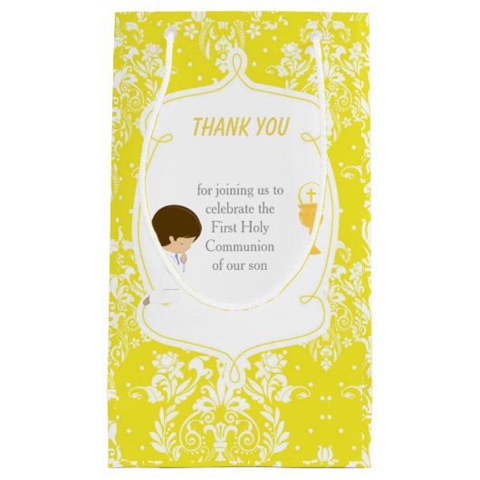 Brunette Boy First Communion Damask Klein Cadeauzakje (Voorkant)