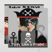Brunette Boy Party Like a Pirate Verjaardag nodigt Kaart (Voorkant / Achterkant)