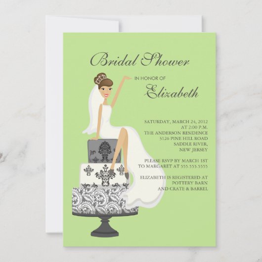 Brunette Bride Bridal Shower Invitation Green Grey Kaart (Voorkant)