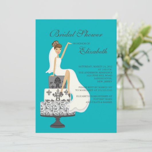 Brunette Bride Bridal Shower Invitation Turquoise Kaart (Staand voorkant)