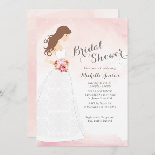 Brunette bruid in jurk bruids douche uitnodiging (Voorkant / Achterkant)