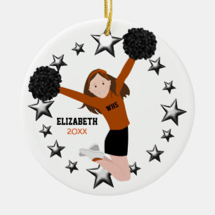 Brunette Cheerleader pom poms in het Oranje en zwa Keramisch Ornament