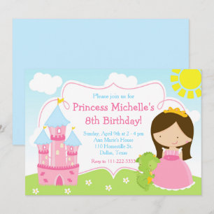 Brunette Cute Princess and Dragon Birthday Party Kaart