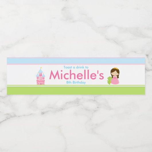 Brunette Cute Princess and Dragon Birthday Party Waterfles Etiket (Enkel label)