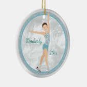 Brunette Figuur Skater in Aqua Keramisch Ornament (Rechts)