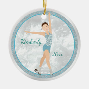 Brunette Figuur Skater in Aqua Keramisch Ornament