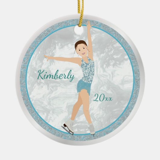 Brunette Figuur Skater in Aqua Keramisch Ornament (Voorkant)
