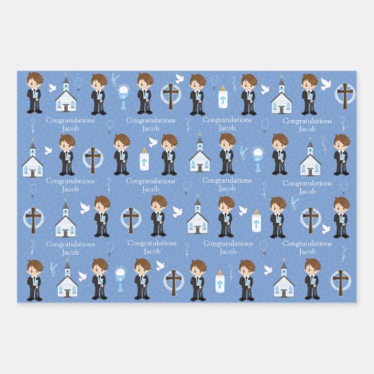 Brunette First Communion Boy Wrapper Feuilles Papi (Devant 3)