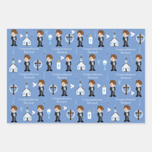 Brunette First Communion Boy Wrapper Feuilles Papi (Devant 2)