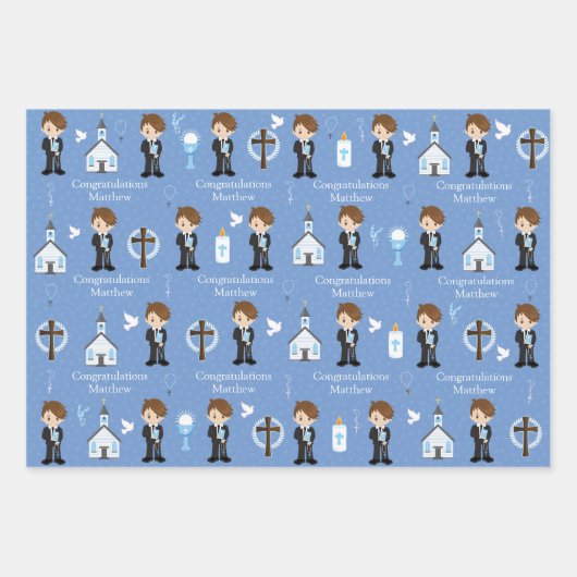 Brunette First Communion Boy Wrapper Feuilles Papi (Devant)