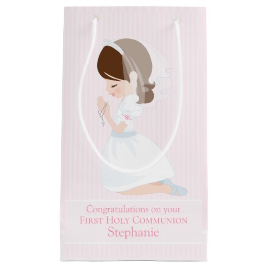 Brunette First Communion Girl Petit sac cadeau (Devant)