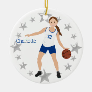 Brunette Girl Basketball Player White en Blue Keramisch Ornament