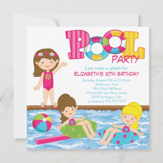Brunette Girl Birthday Pool Kaart (Voorkant)