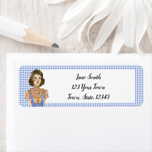 Brunette Girl Blue Polka Dot Adres Etiket (Insitu)