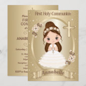 Brunette Girl First Holy Communion Invitation (Devant / Derrière)