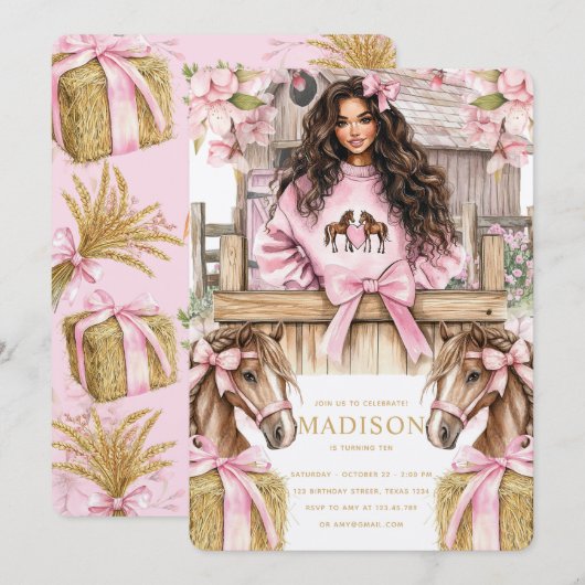 Brunette Girl Horse Birthday Invitation (Devant / Derrière)