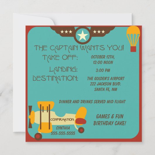 Brunette Girl Pilot Invitations d'anniversaire (Dos)