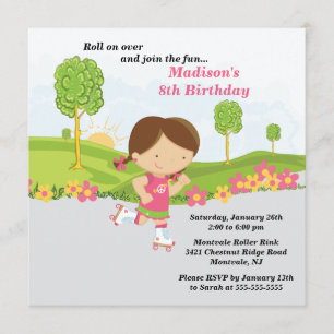 Brunette Girl Skating Birthday Party Invitation Kaart