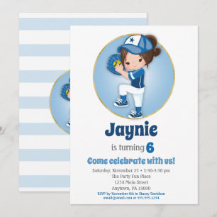 Brunette Girls Blue Softball Birthday Invitation Kaart