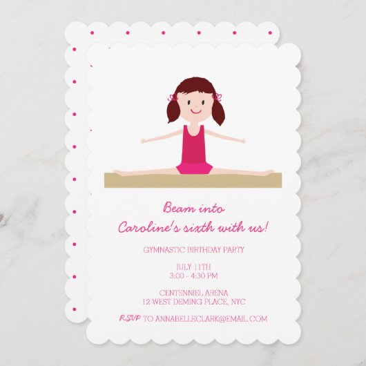 Brunette Gymnast | Birthday Invite Kaart (Voorkant / Achterkant)