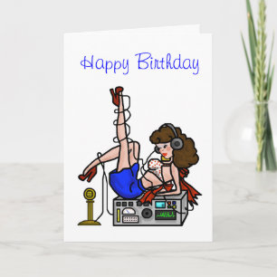 Brunette Ham Radio Pin-up Girl Birthday Card Kaart