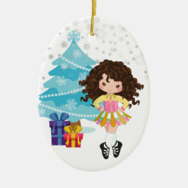 Brunette Irish Dancer Winter Kerstfeestdag Keramisch Ornament