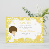 Brunette jongen Eerste Communie Damask Bedankkaart (Staand voorkant)