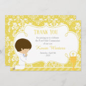 Brunette jongen Eerste Communie Damask Bedankkaart (Voorkant / Achterkant)