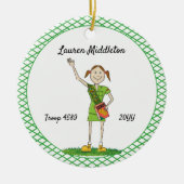 Brunette Junior Girl Scouting Green Crosshatch Keramisch Ornament (Voorkant)