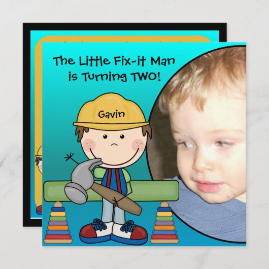Brunette Little Fix-it Man Birthday Invitation Kaart (Voorkant / Achterkant)