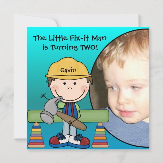 Brunette Little Fix-it Man Birthday Invitation Kaart (Voorkant)