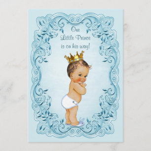 Brunette Little Prince Blue Leaves Baby shower Kaart