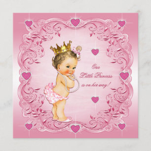 Brunette Little Princess Love Hearts Baby shower Kaart