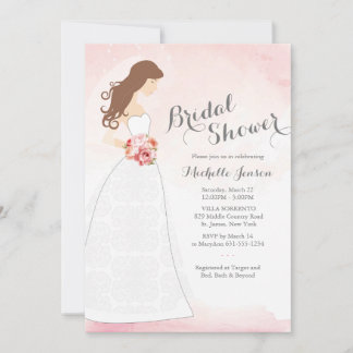 Brunette mariée en robe nuptiale douche Invitation