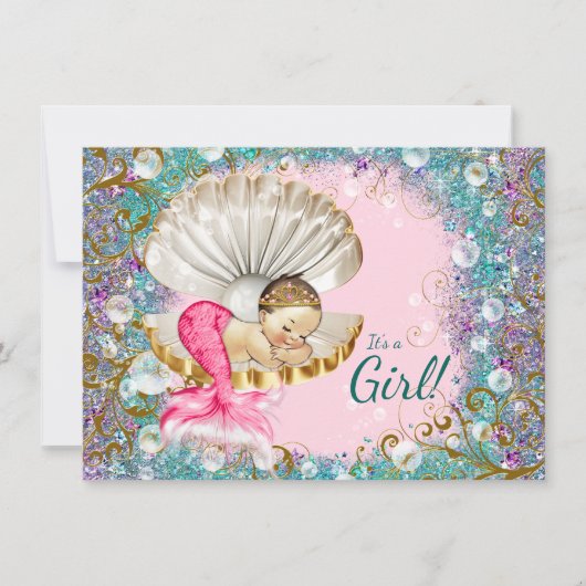 Brunette Mermaid Baby Shower Invitations (Devant)