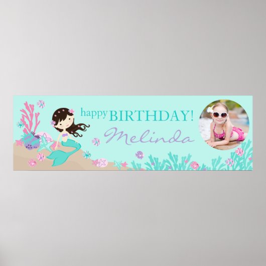 Brunette Mermaid Birthday Banner Poster (Voorkant)