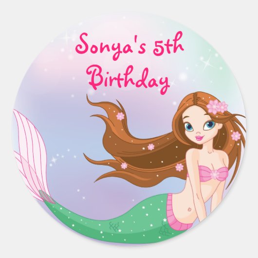 Brunette Mermaid Favor Bag Sticker (Voorkant)