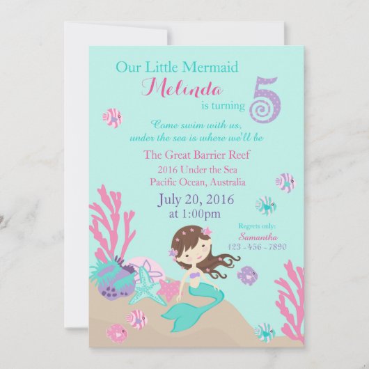 Brunette Mermaid Fifth Birthday Invitation Kaart (Voorkant)