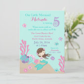 Brunette Mermaid Fifth Birthday Invitation Kaart (Staand voorkant)