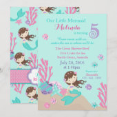 Brunette Mermaid Fifth Birthday Invitation Kaart (Voorkant / Achterkant)