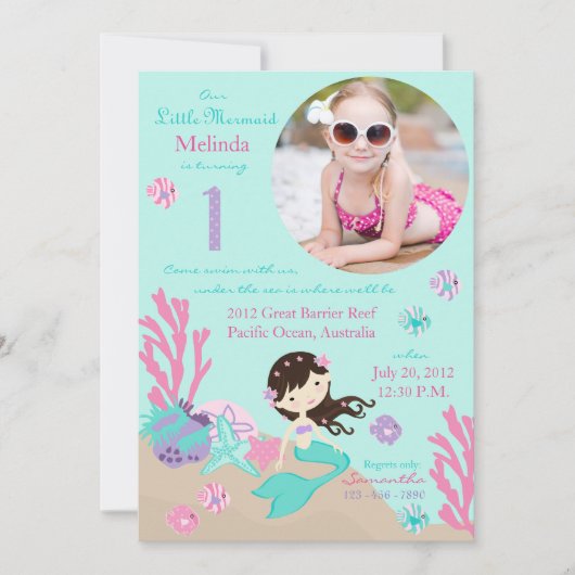 Brunette Mermaid First Birthday Invitation Kaart (Voorkant)