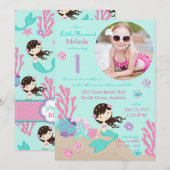Brunette Mermaid First Birthday Invitation Kaart (Voorkant / Achterkant)