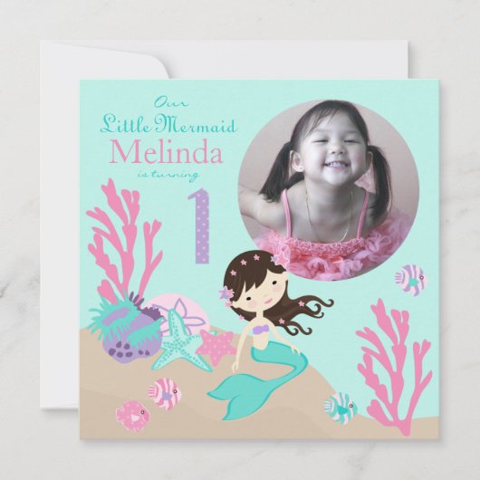 Brunette Mermaid First Birthday Kaart (Voorkant)