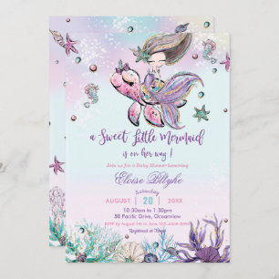 Brunette Mermaid Girl Baby shower onder het Zee Kaart