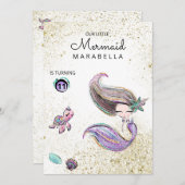 *~* Brunette Mermaid Gold Glitter Hair Birthday Kaart (Voorkant / Achterkant)